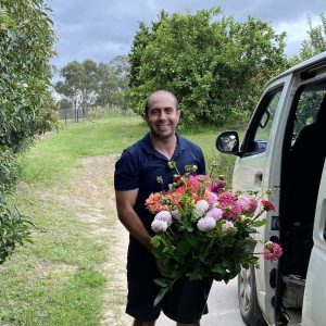 Bright dahlias growing at a local flower farm