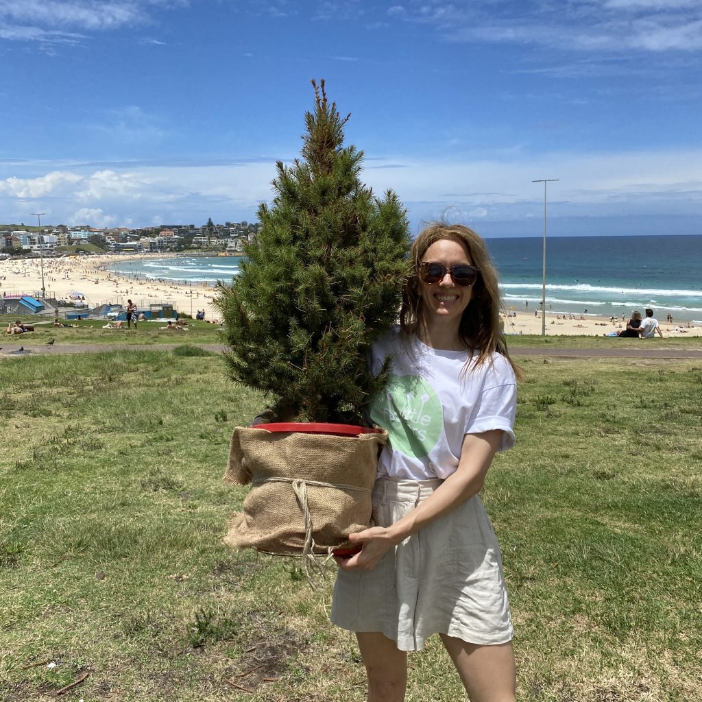 Woman holding a mini Christmas tree with Bondi Beach behind