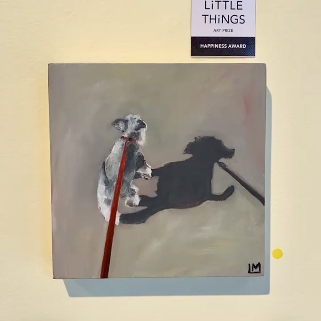 Painting of a dog casting a shadow, titled ‘Walkies’